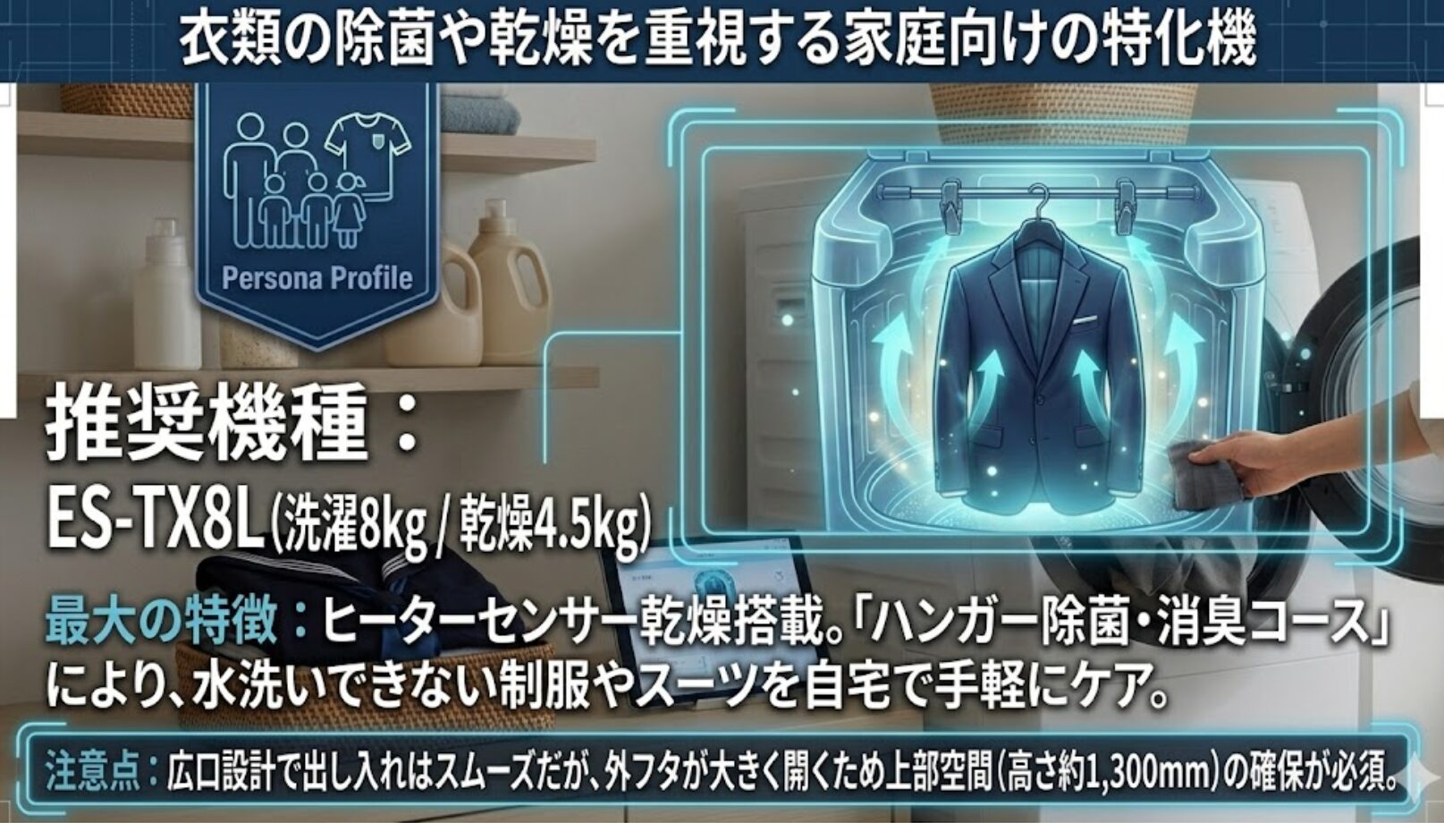 洗濯乾燥機ES-TX8Lの紹介。制服やスーツを自宅でケアできるハンガー除菌・消臭コースのメリットと、外フタが大きく開くため上部空間の確保が必要な点について説明しています 。