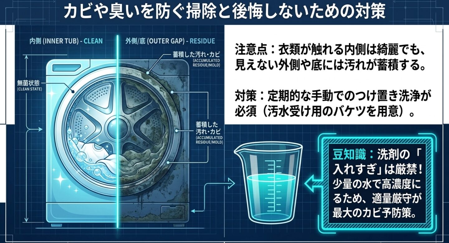 洗濯槽の内側と外側の汚れを比較した図解。衣類に触れる内側が清潔でも、見えない外側や底には汚れが蓄積するため、定期的なつけ置き洗浄や洗剤量の適量厳守が必要であることを説明しています 。