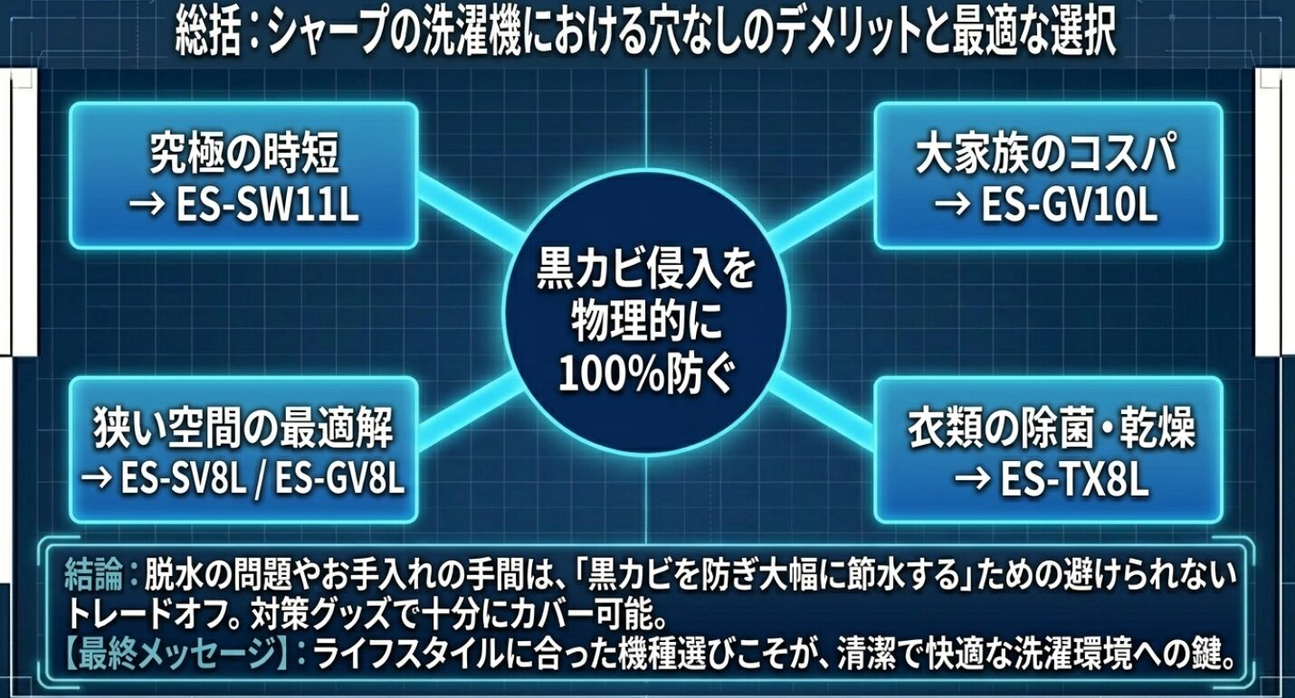 記事全体の総括図。時短、コスパ、省スペース、除菌乾燥といったニーズごとに、ES-SW11L、ES-GV10L、ES-SV8L、ES-TX8Lのどれを選ぶべきかが一目でわかるよう整理されています 。