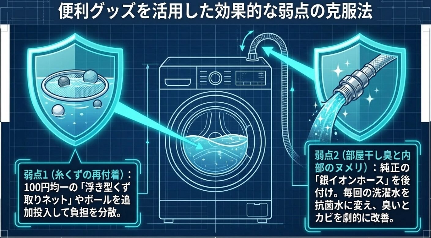 糸くずの再付着を防ぐための浮き型ネットの追加投入や、部屋干し臭と内部のヌメリを劇的に改善する銀イオンホースの後付けについての解説図です 。