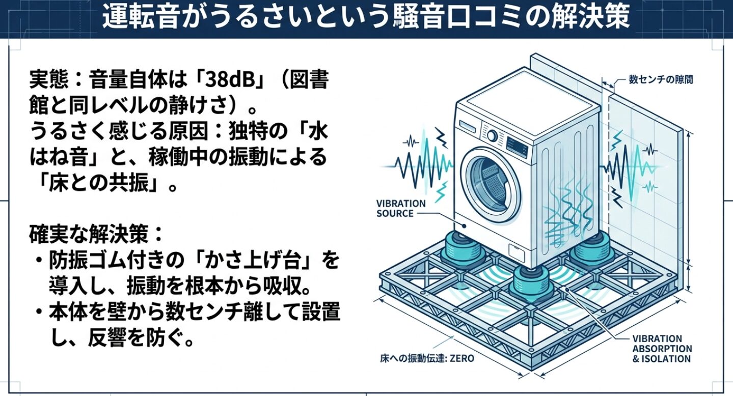 洗濯機の振動が床に伝わるのを防ぐ防振ゴム付きかさ上げ台の設置イメージ図。壁から数センチの隙間を空けることで反響音を防ぎ、床への振動伝達を抑える仕組みが描かれています 。