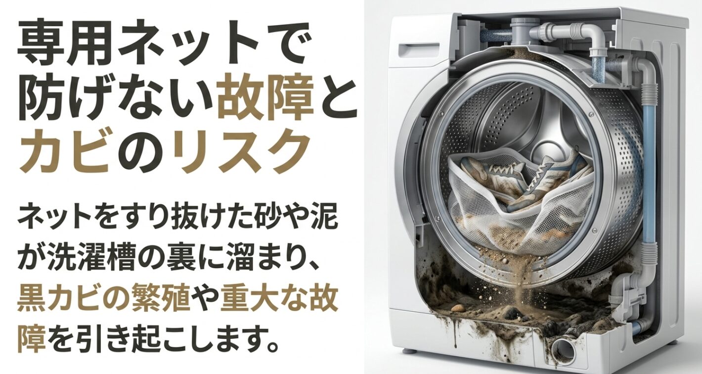 洗濯ネットをすり抜けた砂や泥が洗濯槽の裏に溜まり黒カビや故障を引き起こすリスクの解説