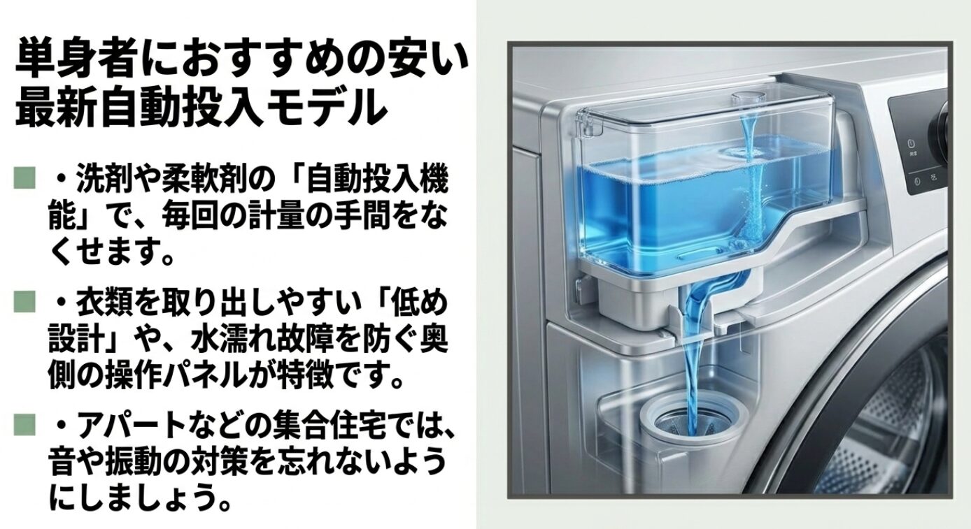洗剤の自動投入口と操作パネルのイメージです。計量の手間を省く機能や、衣類を取り出しやすい低め設計のメリット、集合住宅での振動対策について触れています。