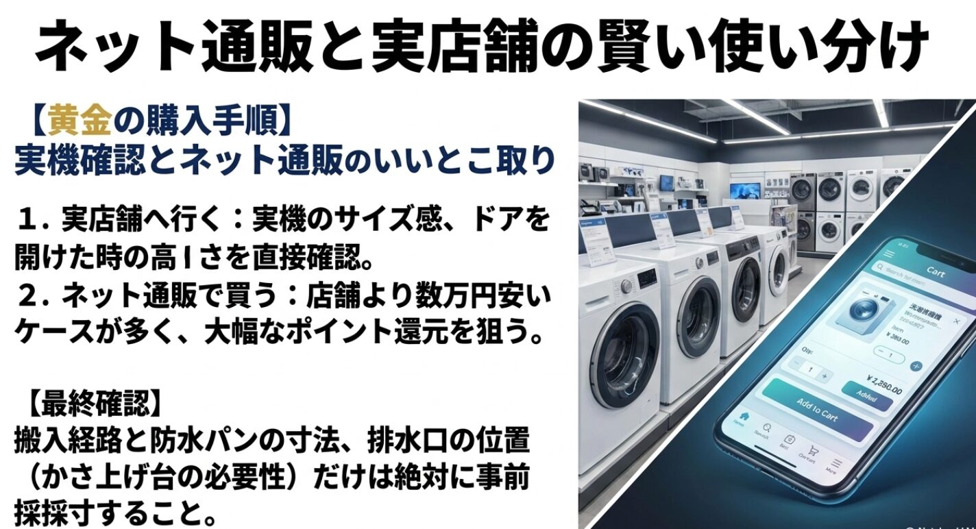 店舗での実機確認とネット通販での購入を組み合わせる黄金の購入手順と、事前採寸の重要性を図解しています。