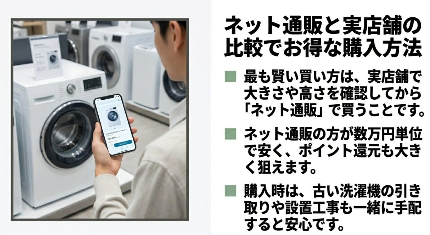 店舗で実機を確認しながらスマートフォンを操作する様子です。店舗でサイズ感を確かめた後に、価格が安くポイント還元も大きいネット通販で注文する流れを推奨しています。