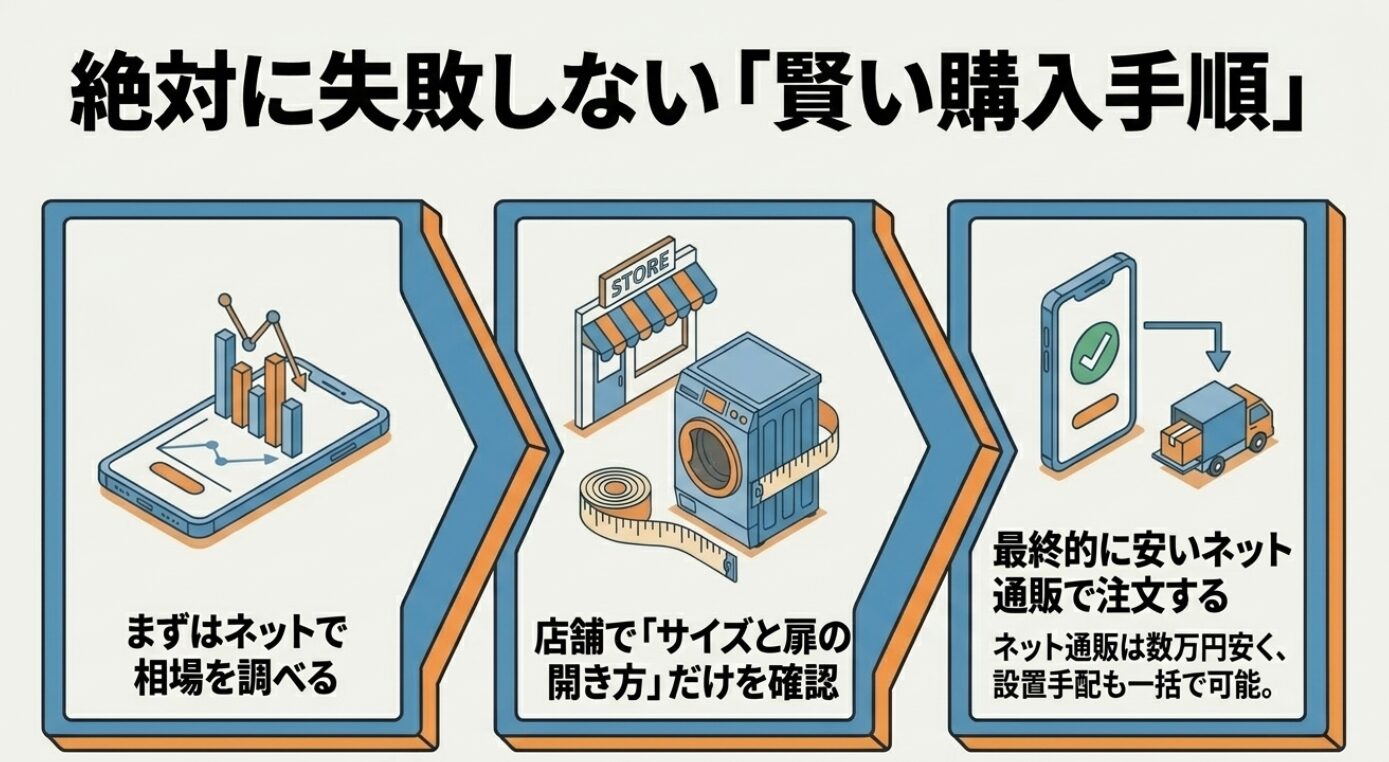 ネットで相場を調べてから店舗で現物のサイズ等を確認し、最終的に安いECサイトで注文するという、失敗しないための効率的な購入手順の解説です。