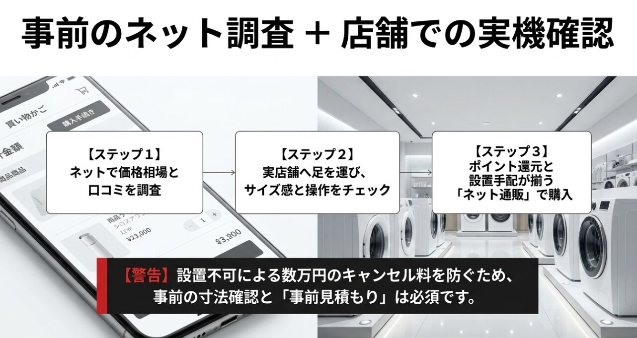 ネットでの口コミ調査、実店舗でのサイズ確認、ネット通販での購入という3つのステップと、設置不可によるキャンセル料を防ぐための事前見積もりの重要性を記したフローチャート。