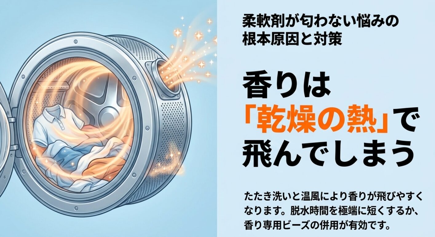乾燥時の熱で柔軟剤の香りが飛んでしまう仕組みと、脱水時間を短くするなどの対策をまとめたスライド。