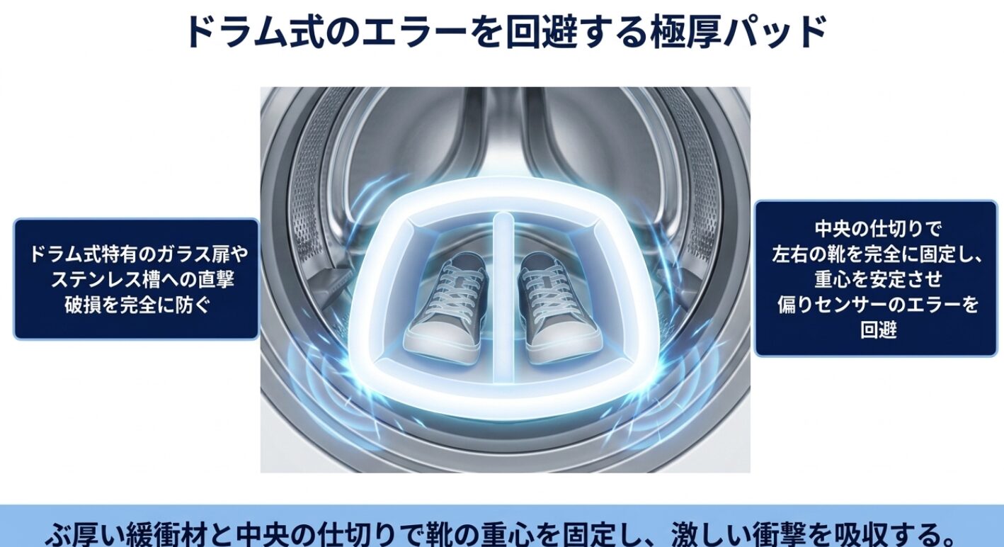 ぶ厚い緩衝材がガラス扉や槽への直撃を防ぎ、中央の仕切りで左右の靴を完全に固定して重心を安定させ、偏りエラーを回避する構造の図になります。