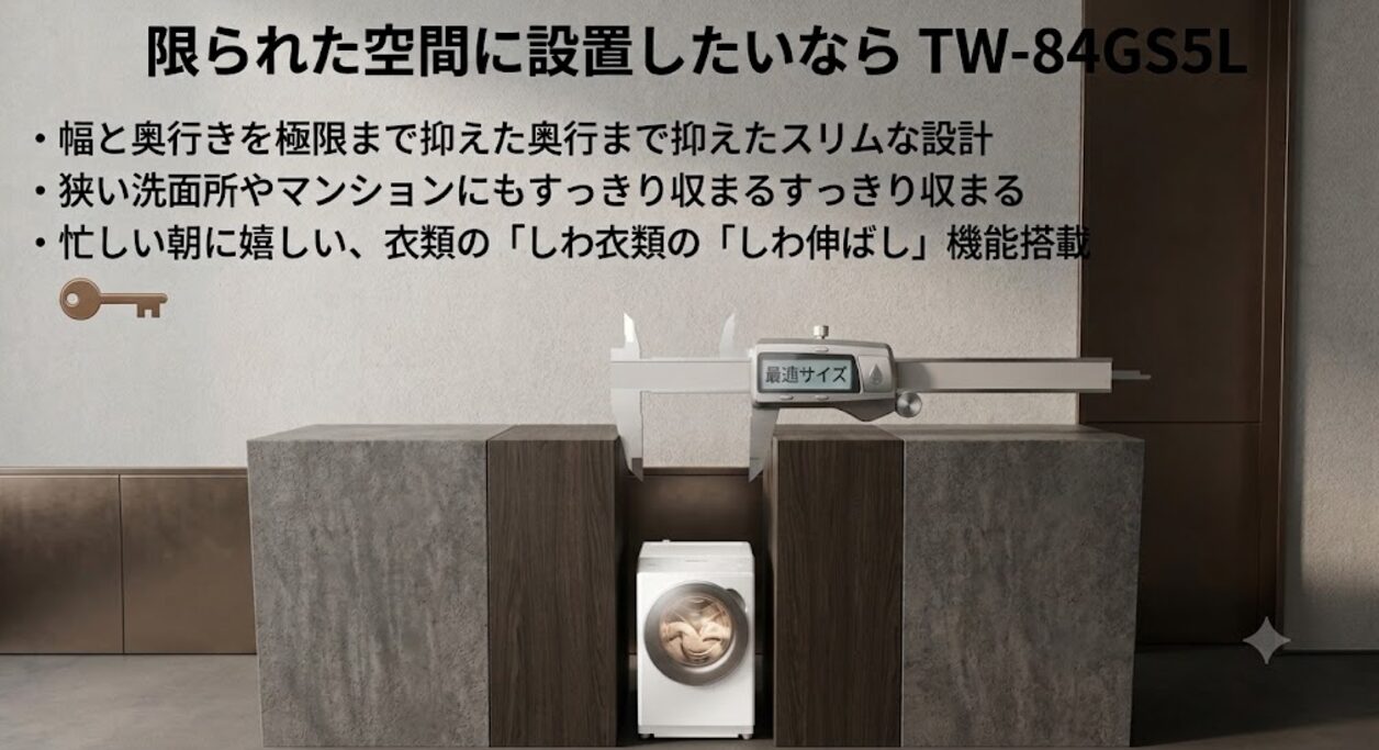 限られた空間に設置したいならTW-84GS5L。幅と奥行きを極限まで抑えたスリムな設計、狭い洗面所やマンションにもすっきり収まる、忙しい朝に嬉しい衣類のしわ伸ばし機能搭載というテキストが記載されたスライド画像。