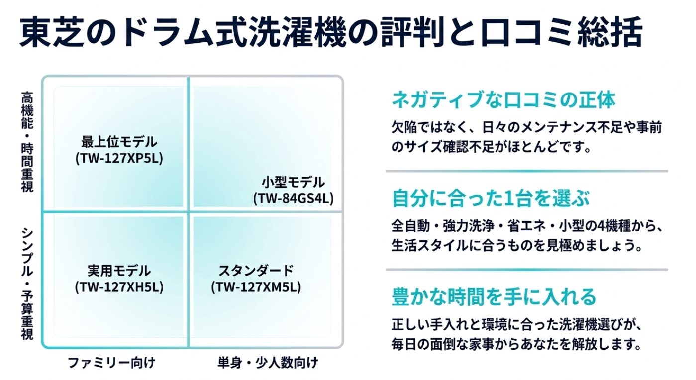 全自動・強力洗浄・省エネ・小型のニーズに合わせた4機種のポジショニングマップと総括スライド。