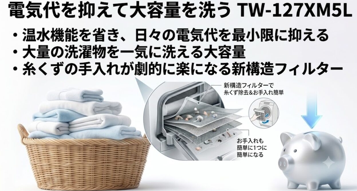 電気代を抑えて大容量を洗うTW-127XM5L。温水機能を省き日々の電気代を最小限に抑える、大量の洗濯物を一気に洗える大容量、糸くずの手入れが劇的に楽になる新構造フィルターというテキストが記載されたスライド画像。