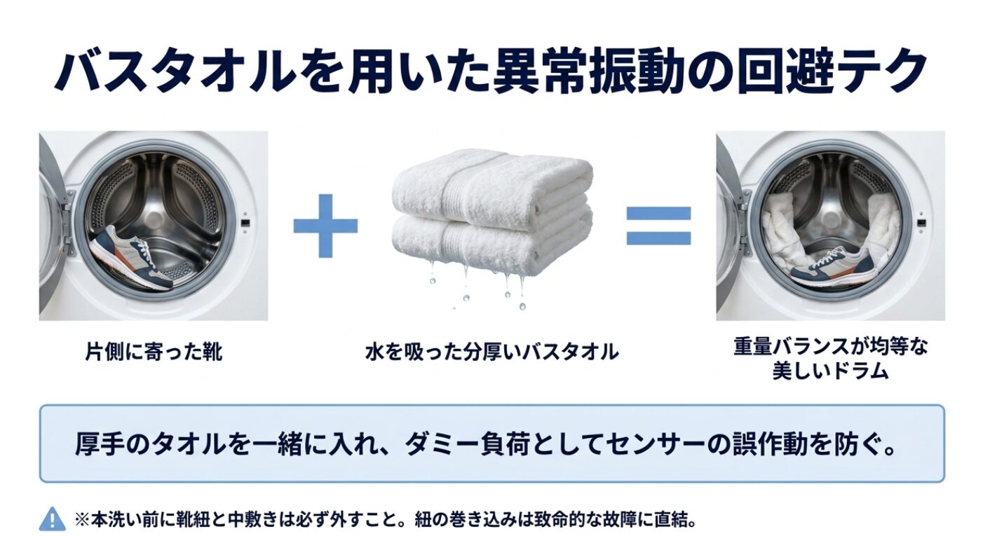 靴と一緒に厚手のバスタオルを入れることで洗濯槽の重量バランスを均等に保ち、センサーの誤作動を防ぐ方法を解説したイメージ図です。