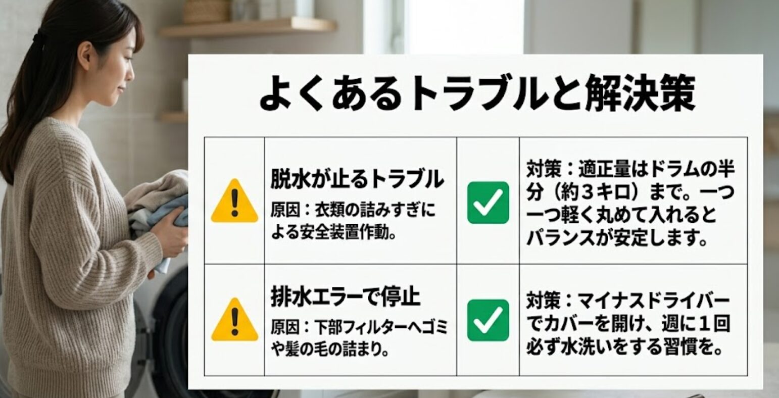 衣類の詰め込みすぎやフィルターの詰まりといった、よくあるエラーの具体的な解決方法をまとめています。