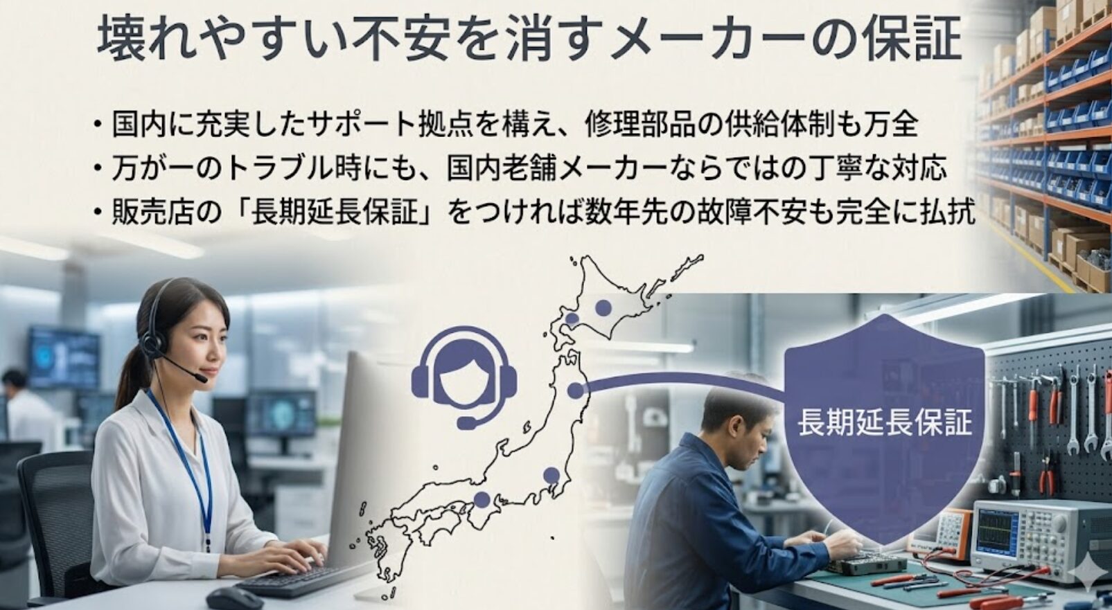 国内サポート拠点による修理体制と、販売店の長期延長保証を組み合わせた安心のサポートイメージ。