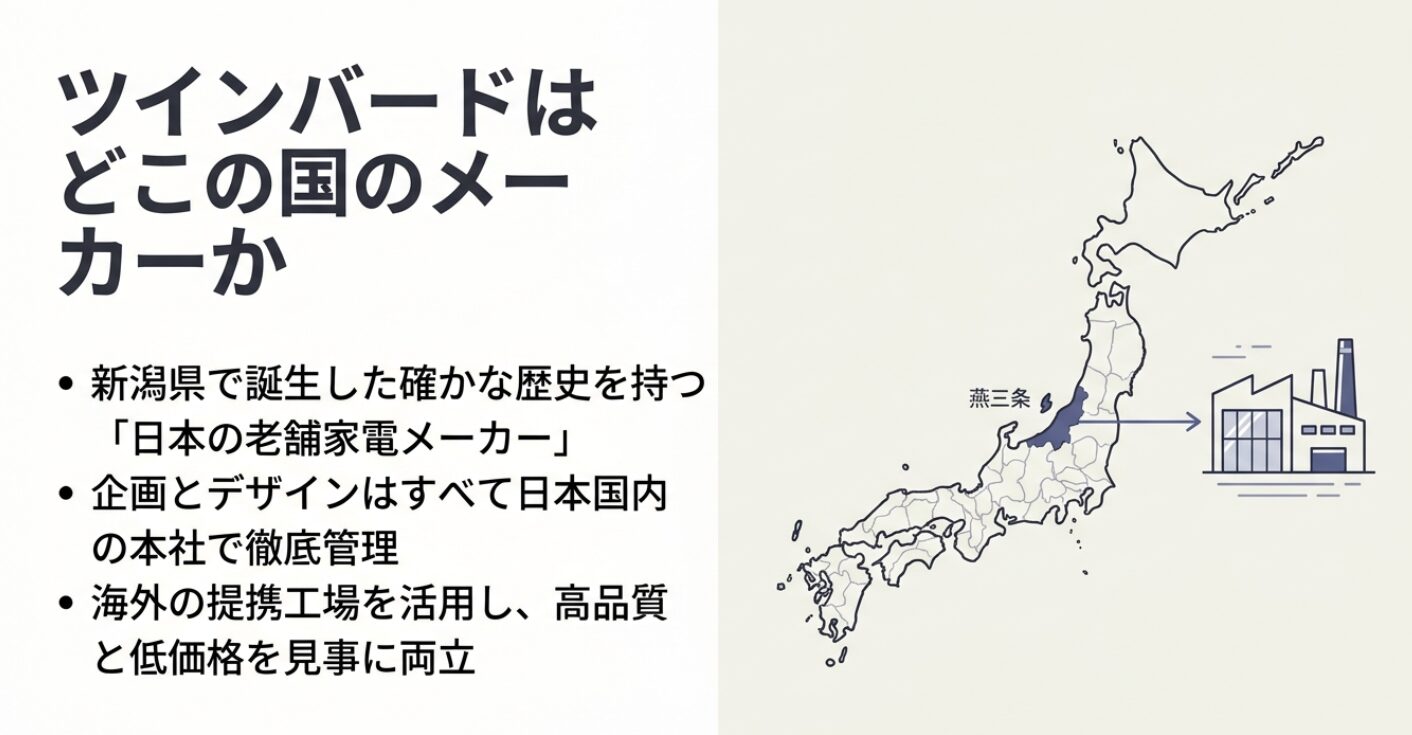 新潟県燕三条で創業したツインバードの本社管理体制と海外提携工場による高品質・低価格の両立を示す図解。