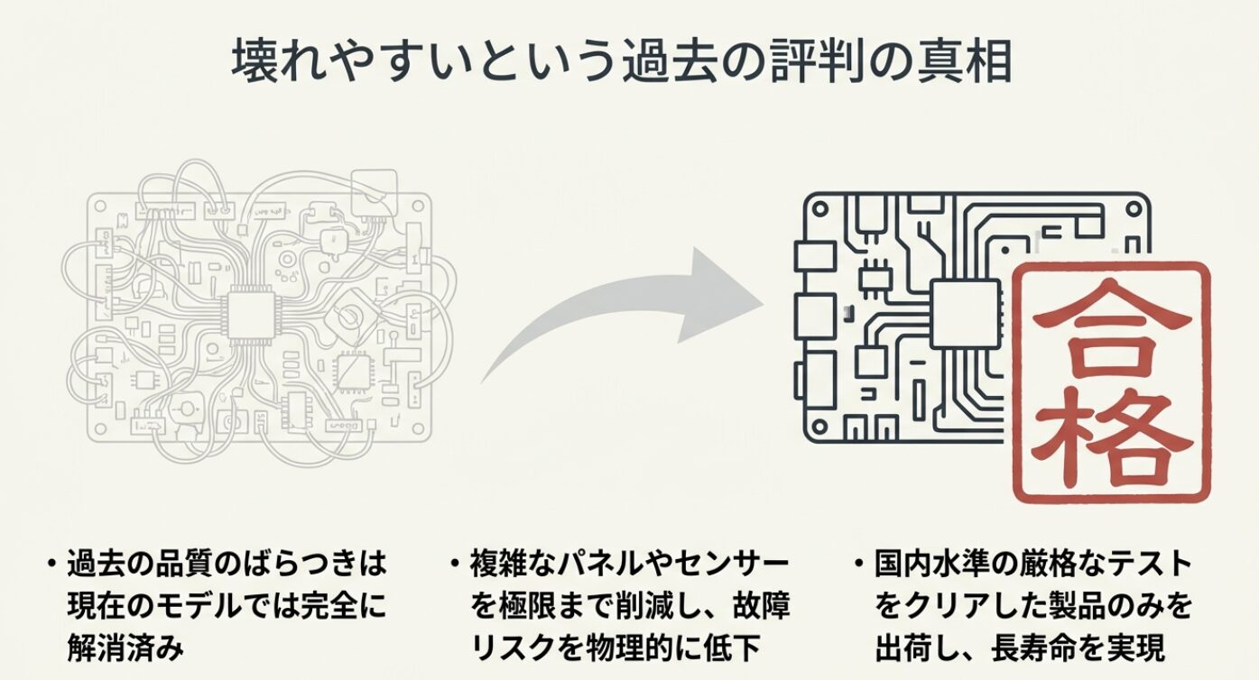 複雑なセンサーを削減し故障リスクを物理的に低下させ、厳格な国内テストをクリアした製品出荷体制の解説。