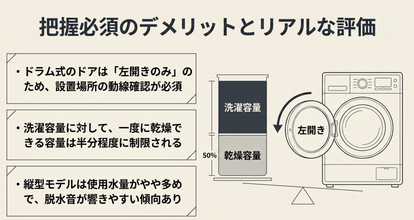 ドラム式のドアが左開きのみである点と、乾燥容量が洗濯容量の半分程度に制限される注意点を示すイラスト。