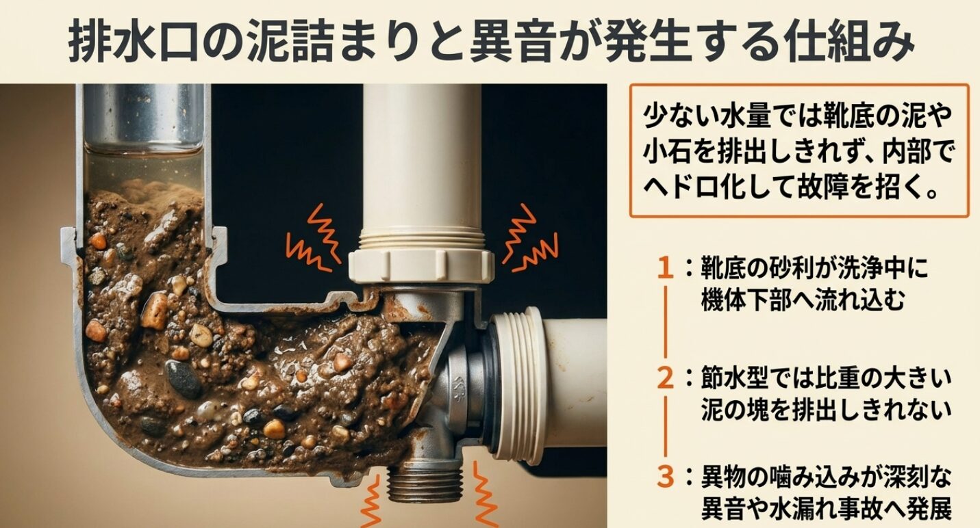 靴底の砂利や泥が洗濯機の下部へ流れ込み、少ない水量では排出されずに堆積してヘドロ化し、異音や水漏れを招く仕組みを示した断面図になります。