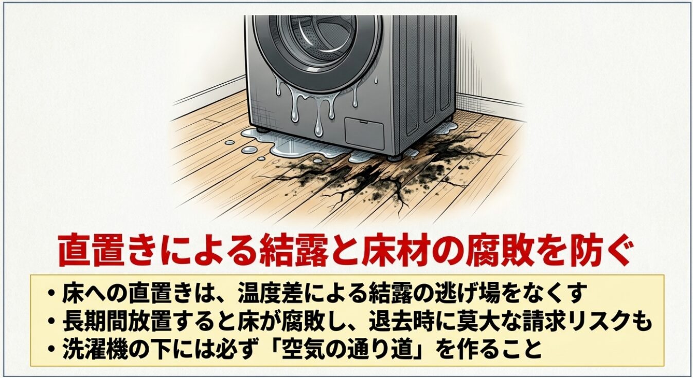 洗濯機の底部から水滴が垂れ、フローリングの床材が黒く湿ってひび割れているイラストです 。床への直置きは温度差による結露の逃げ場をなくし、長期間放置すると床が腐敗して退去時に莫大な請求リスクがあるため、洗濯機の下には必ず空気の通り道を作ることと指示しています 。