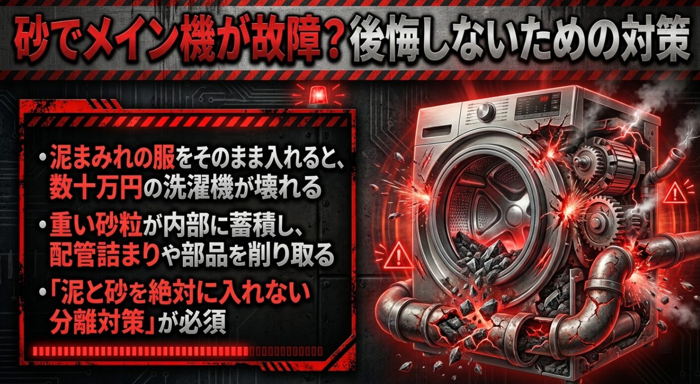 泥まみれの服をそのまま入れると数十万円の洗濯機が壊れること、重い砂粒が内部に蓄積して配管詰まりや部品を削り取ること、そして泥と砂を絶対に入れない分離対策が必須であることを示す案内。
