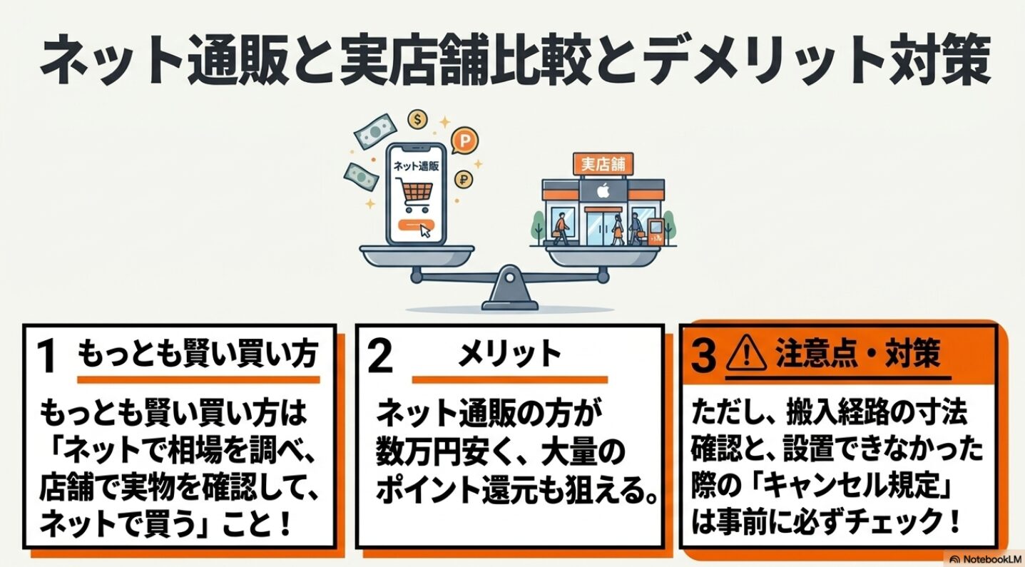 洗濯機を安く安全に購入するためのステップをまとめたスライド。ネットでの相場調査と店舗での実物確認を組み合わせた買い方や、設置時のキャンセル規定などの注意点を提示しています。