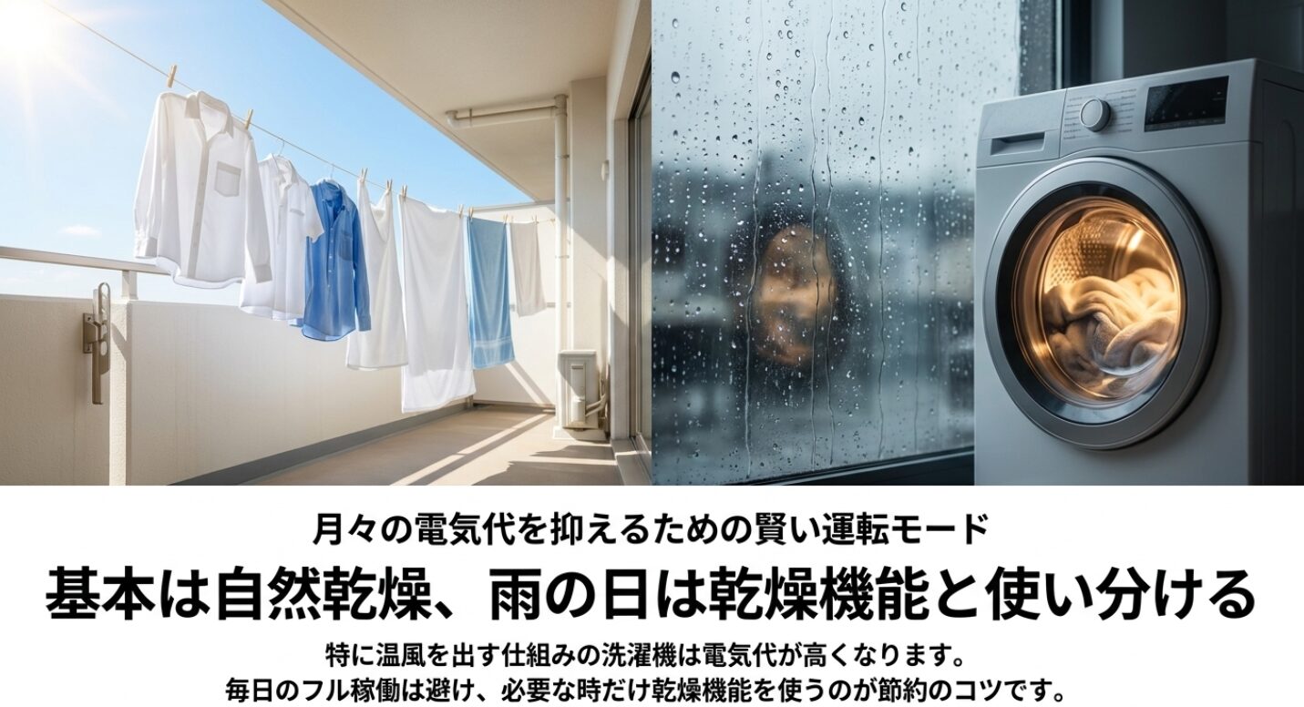自然乾燥と乾燥機能を使い分けることで電気代を節約するコツをまとめたスライド。
