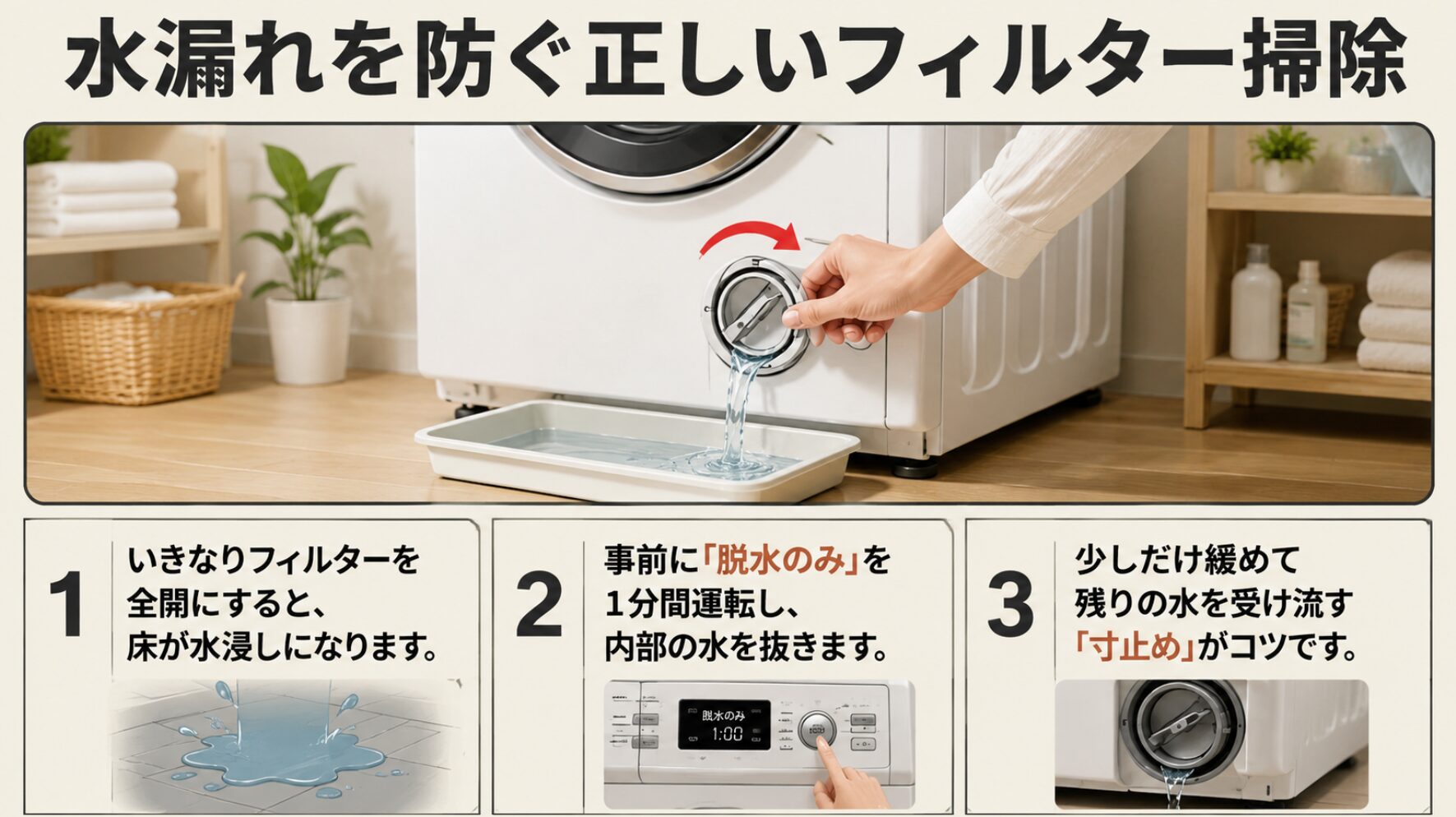 洗濯機下部の排水フィルターを少しだけ緩め、手前の受け皿に残水を寸止めで受け流す正しい掃除方法のイラスト 。