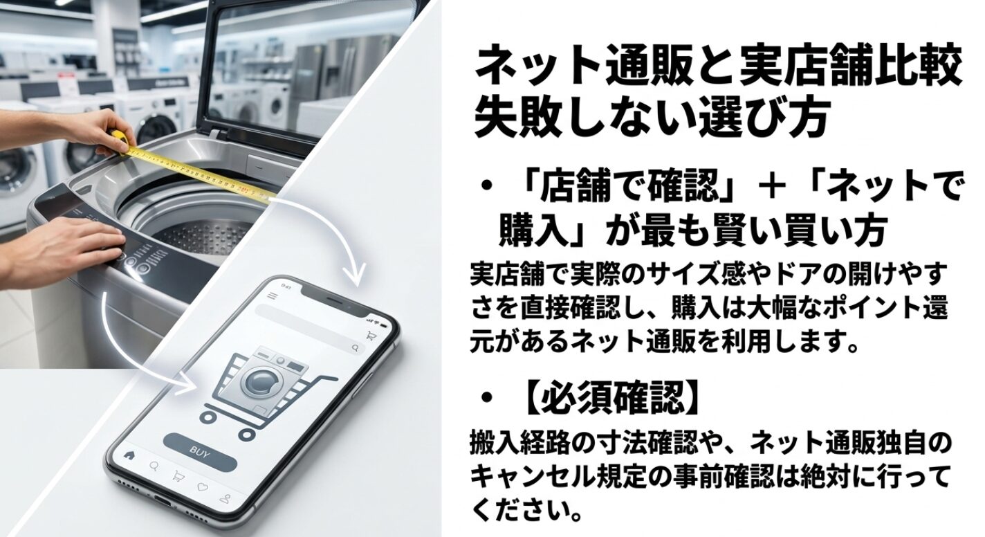 洗濯機本体の寸法に加えて、防水パンのサイズや蛇口の高さ、搬入に必要な通路幅のチェックポイントを図解した資料です。