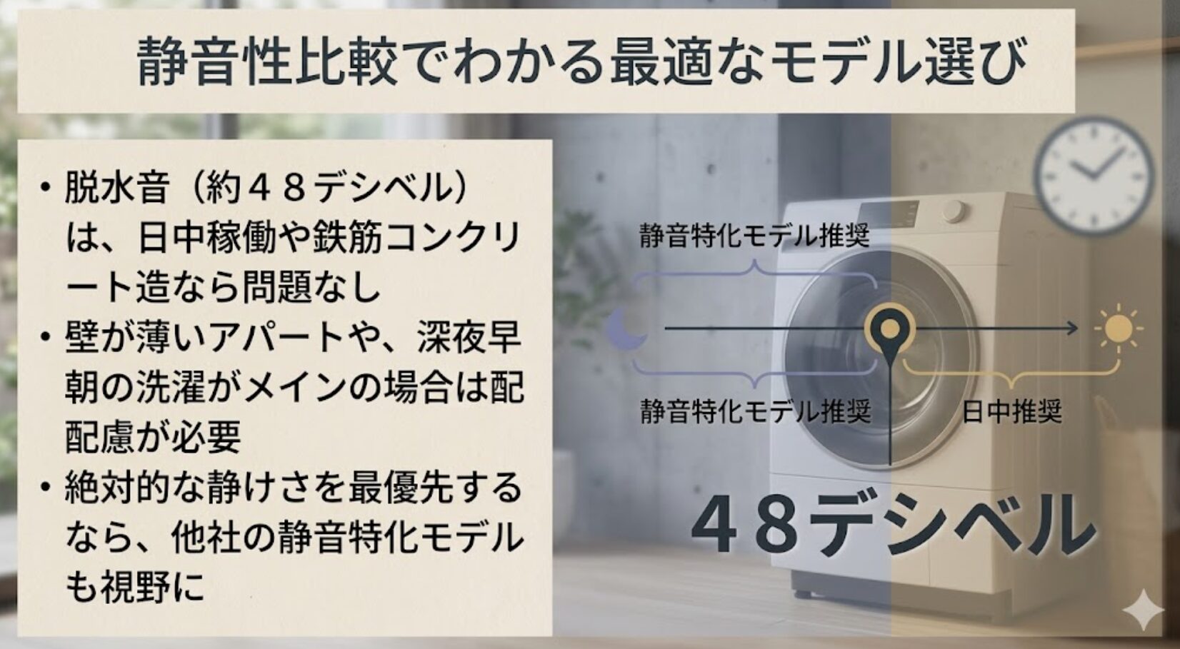 騒音レベル（48デシベル）と稼働時間の目安