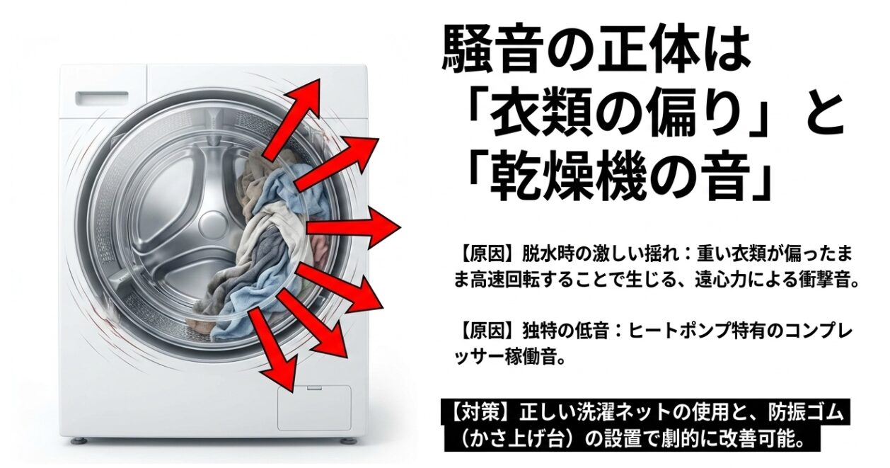 騒音の正体は衣類の偏りによる遠心力の衝撃音とヒートポンプ特有のコンプレッサー音であり、正しい洗濯ネットの使用やかさ上げ台の設置で改善できることを示す図。