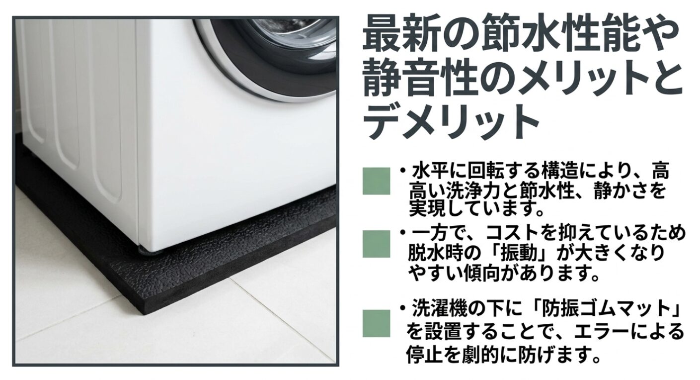 洗濯機の脚に設置された黒い防振ゴムマットの写真です。水平ドラム構造による節水性のメリットと、脱水時の振動を抑えるためのマット設置の重要性を解説しています。