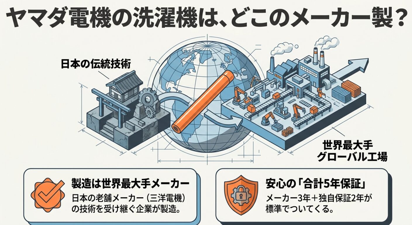 ヤマダ電機の洗濯機roroの製造元が世界最大手のワールプール・チャイナであり、三洋電機の技術を継承していることや、合計5年保証が付帯することを説明するスライド資料です。