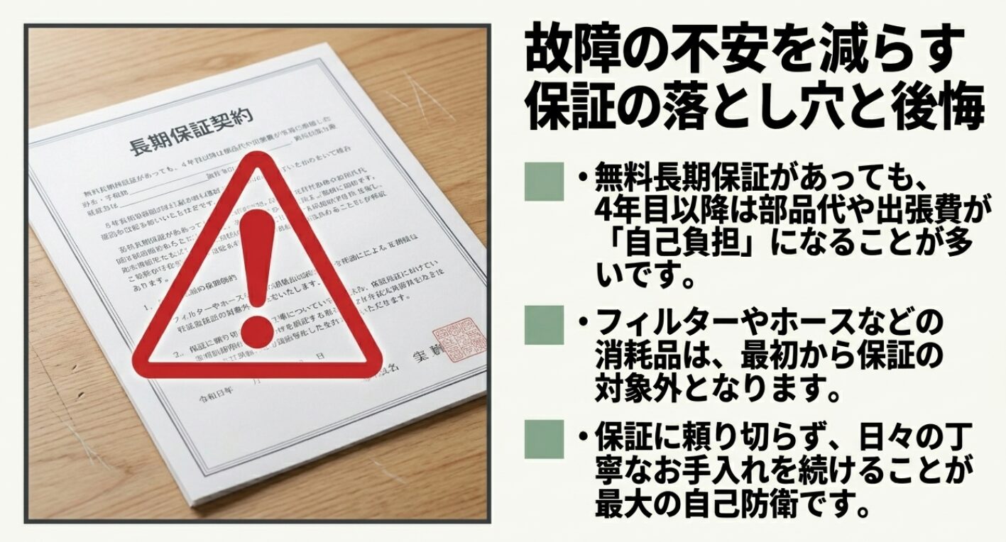 ヤマダ電機の長期保証に関する注意点です。4年目以降は部品代や出張費が自己負担になることや、フィルターなどの消耗品は保証対象外であることを図解しています。