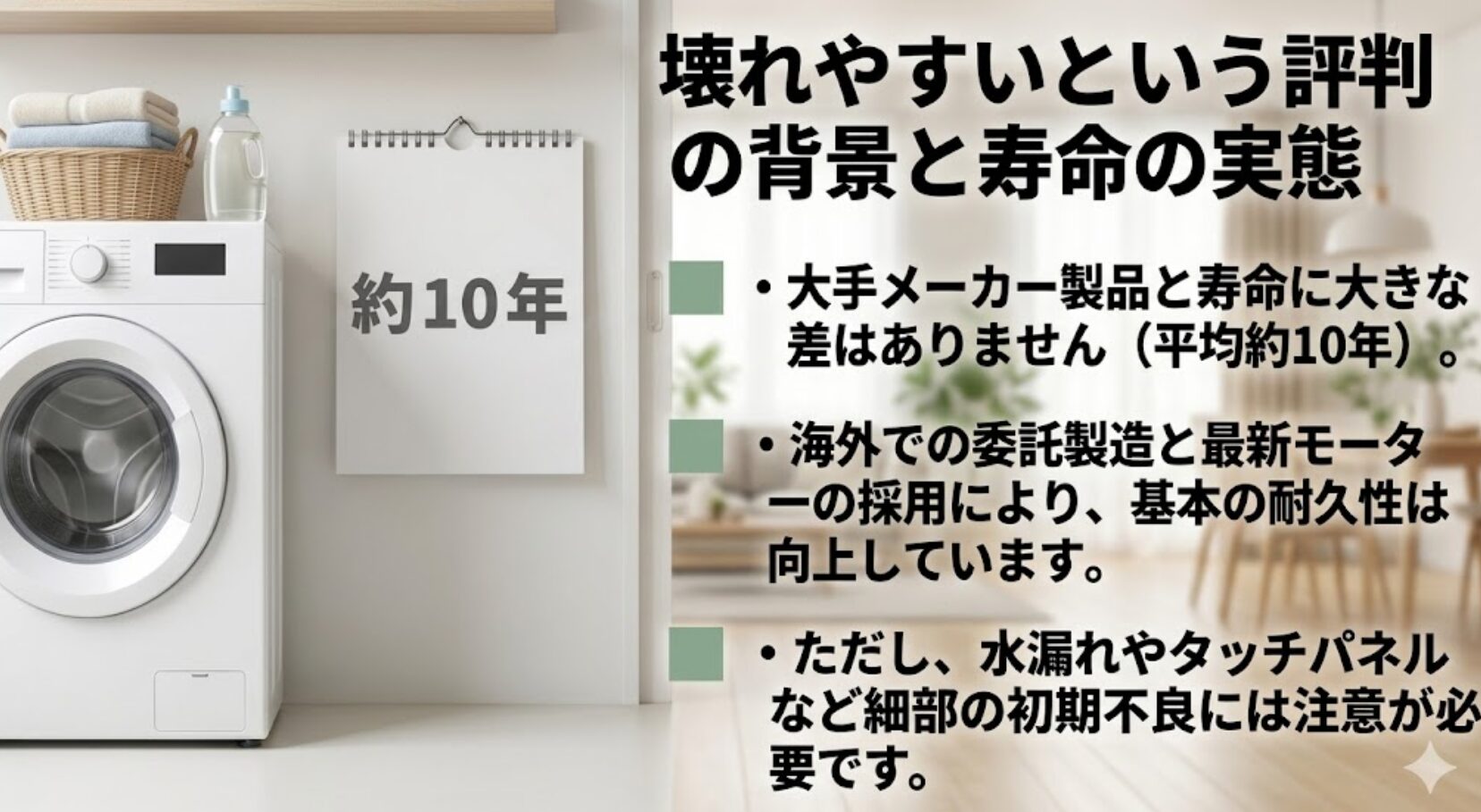 ヤマダ電機の洗濯機と大手メーカーの寿命を比較した表です。平均寿命は約10年で差がないことや、最新モーター採用による耐久性の向上、初期不良への注意点をまとめています。