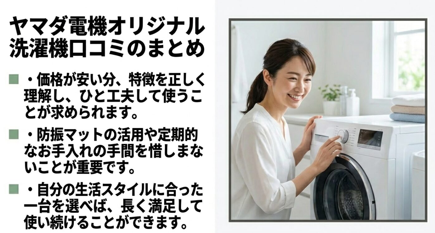 洗濯機を操作する女性の笑顔と、記事の要点まとめです。安さの恩恵を受けつつ、防振マットや定期的なお手入れを組み合わせることで長く快適に使う方法を総括しています。