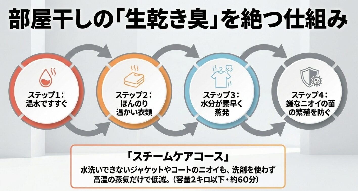 温水すすぎで乾燥を早める4ステップの工程と、スチームケアコースの概要を説明する資料です。