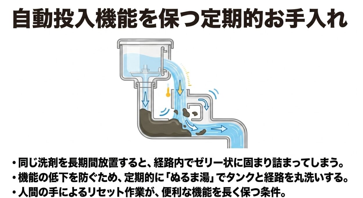 洗剤タンクから下部へ伸びる配管のイラストです。透明な水が上から流れていますが、折れ曲がった配管の底に茶色いドロドロした塊がべったりと溜まっており、一部の汚れが剥がれて先へ流れていく様子が描かれています。右側には、同じ洗剤を長期間放置すると経路内でゼリー状に固まり詰まってしまうこと、機能の低下を防ぐため定期的に「ぬるま湯」でタンクと経路を丸洗いすること、人間の手によるリセット作業が便利な機能を長く保つ条件であることが記されています。