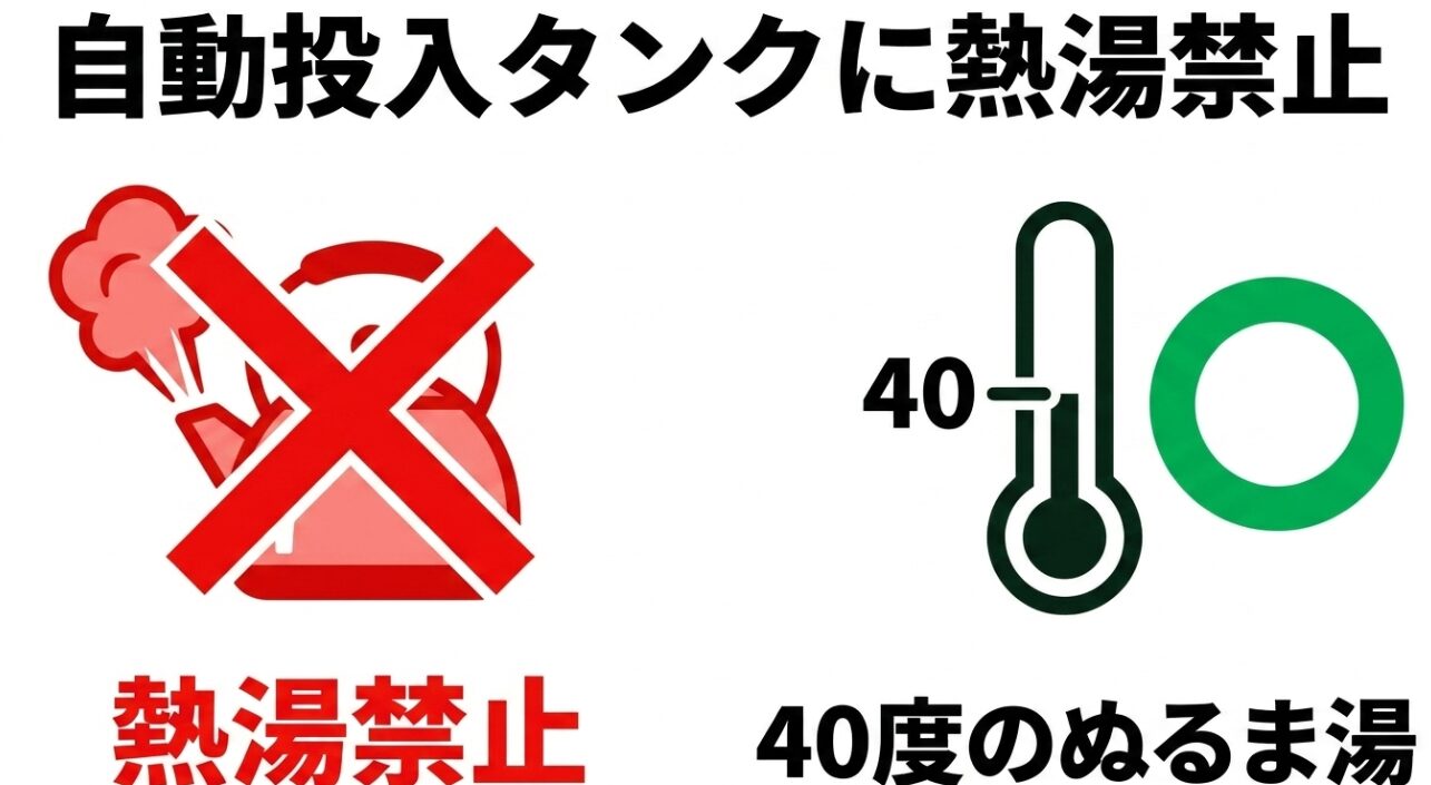 自動投入タンクへの熱湯使用を禁止し、40度のぬるま湯でのメンテナンスを促す注意マーク
