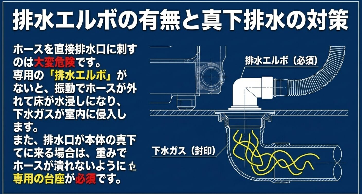 排水エルボの有無と真下排水の対策図面。専用の排水エルボがないと振動でホースが外れて床が水浸しになり下水ガスが室内に侵入する危険性と、排水口が真下に来る場合は重みで潰れないよう専用の台座が必須であることを示す図