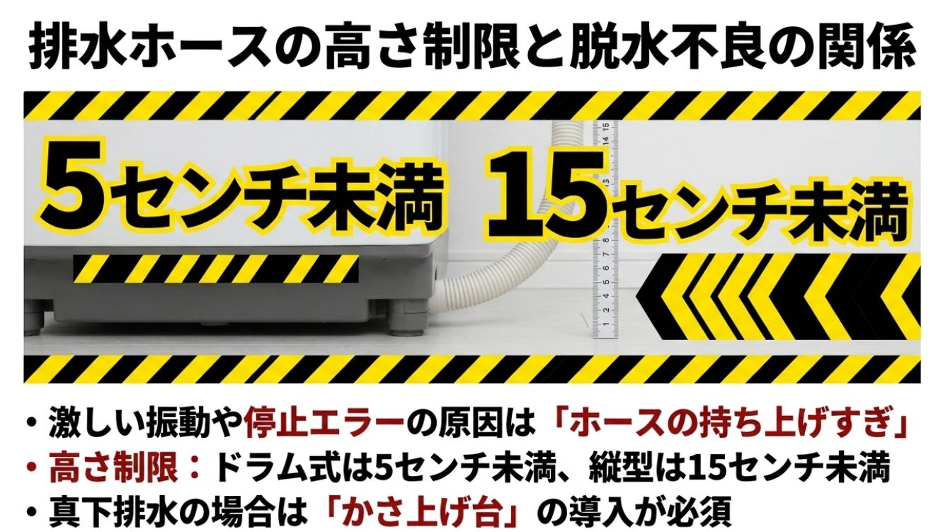 黄色と黒の警告模様と排水ホース、メジャーのイラスト。「5センチ未満」「15センチ未満」と大きく書かれており、ホースの持ち上げすぎによる振動やエラー、真下排水でのかさ上げ台必須について解説しています。