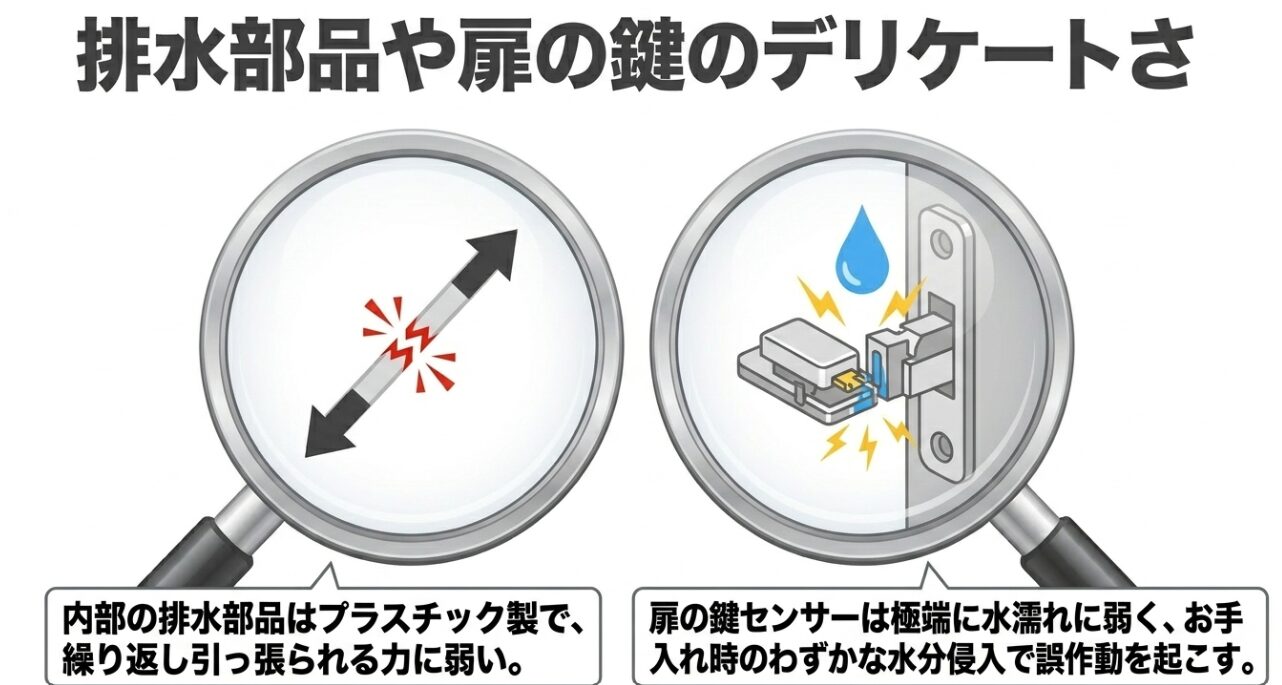 2つの虫眼鏡で内部の弱点を拡大しているイラストです。左側の虫眼鏡には細い棒状の部品が中央で赤くひび割れて折れかかっている様子が写っています。右側の虫眼鏡にはドアの噛み合わせ部分にあるスイッチへ青い水滴が落ちて黄色い火花（ショート）が発生している様子が写っています。下部には、内部の排水部品はプラスチック製で繰り返し引っ張られる力に弱いこと、扉の鍵センサーは極端に水濡れに弱くお手入れ時のわずかな水分侵入で誤作動を起こすことが説明されています。