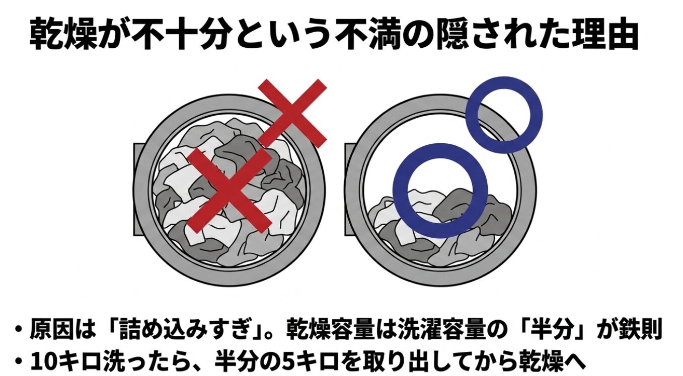 洗濯槽への詰め込みすぎにバツ印、適量に丸印をつけたイラスト。乾燥容量は洗濯容量の半分が鉄則であり、10キロ洗ったら半分の5キロを取り出して乾燥させることを説明しています。