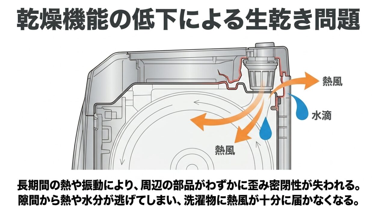 洗濯機の上部ダクト周辺の断面イラストです。内部の丸いドラムから上部へ向かってオレンジ色の矢印（熱風）が循環していますが、部品の隙間から「熱風」と「水滴」が外へ漏れ出している様子が描かれています。下部には、長期間の熱や振動により周辺の部品がわずかに歪み密閉性が失われること、隙間から熱や水分が逃げてしまい洗濯物に熱風が十分に届かなくなることが記載されています。