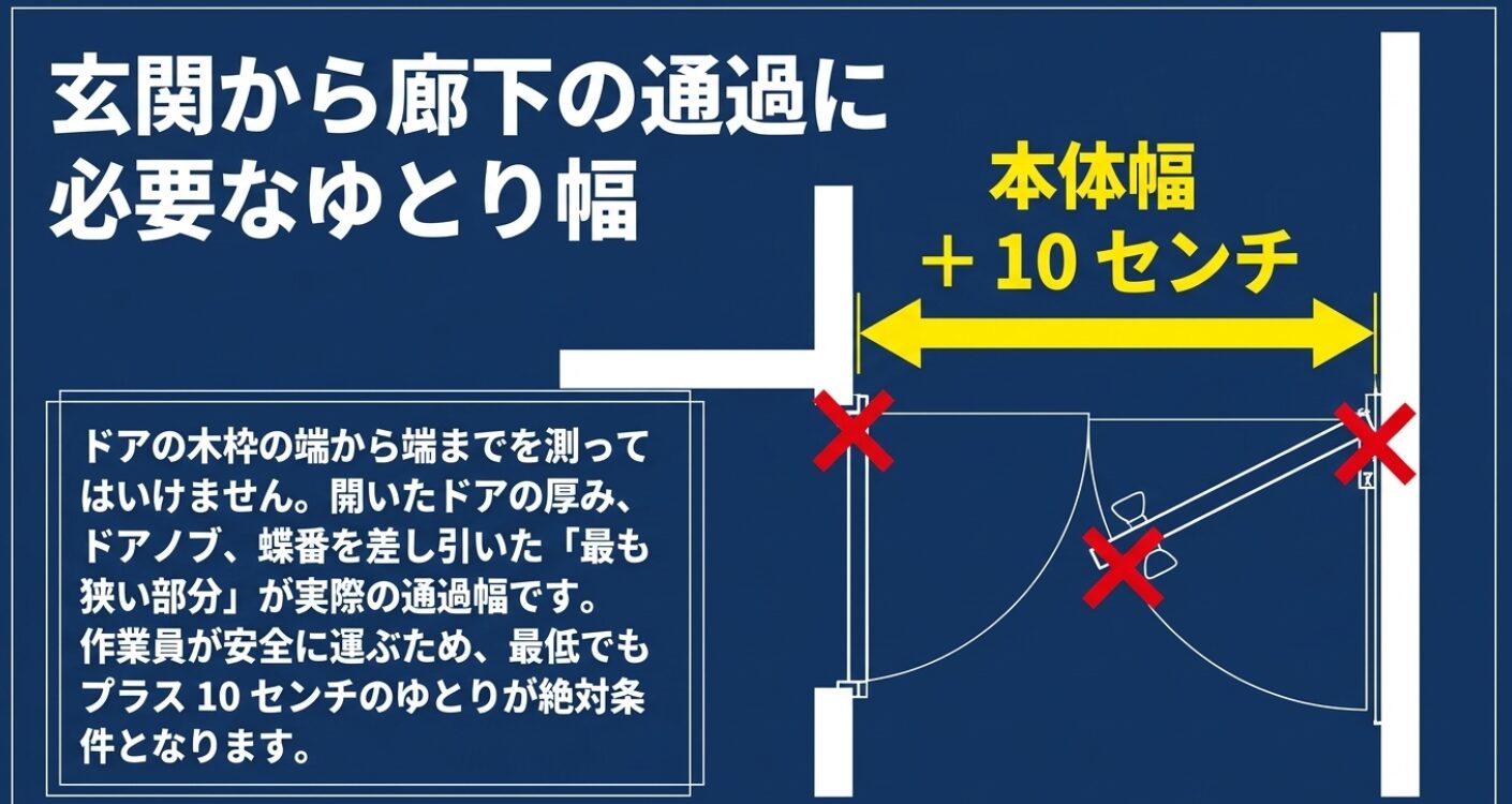 玄関から廊下の通過に必要なゆとり幅の解説図。ドアの木枠ではなく、開いたドアの厚みやドアノブ、蝶番を差し引いた最も狭い部分の寸法に、本体幅プラス10センチのゆとりが絶対条件であることを示すイラスト