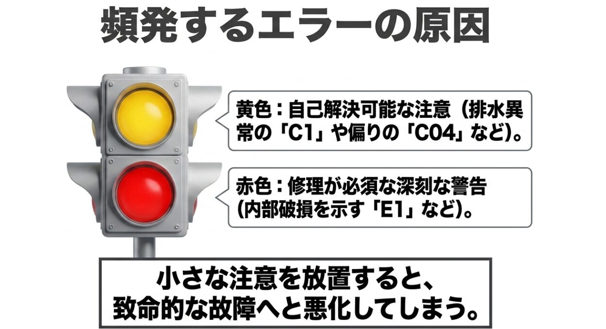 縦型の信号機のイラストが左側に配置されています。黄色のライトからは吹き出しが伸びており「黄色：自己解決可能な注意（排水異常の『C1』や偏りの『C04』など）。」と書かれています。赤色のライトからの吹き出しには「赤色：修理が必須な深刻な警告（内部破損を示す『E1』など）。」とあります。下部の四角い枠内には「小さな注意を放置すると、致命的な故障へと悪化してしまう。」という注意書きが大きく配置されています。