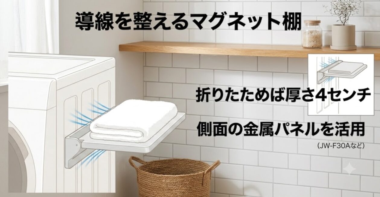 側面の金属パネルを活用して折りたためば厚さ4センチになるマグネット棚の機能説明