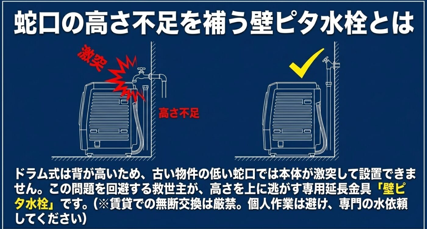 蛇口の高さ不足を補う壁ピタ水栓の解説。背の高いドラム式洗濯機が低い蛇口に激突する高さ不足の状態と、専用延長金具で高さを上に逃がして設置を可能にした状態の比較イラスト