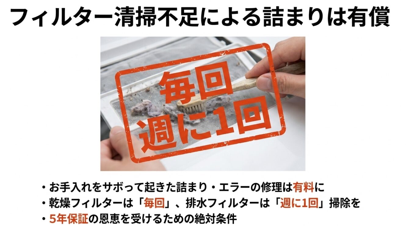 フィルターをお手入れしている画像に「毎回」「週に1回」の文字。掃除をサボった場合の詰まりやエラー修理は有料になる点、乾燥フィルターは毎回、排水フィルターは週に1回掃除することが保証適用の絶対条件であることを解説しています。