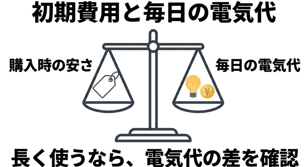 購入時の安さと毎日の電気代を天秤にかけたイラストと、長く使うための電気代確認の案内